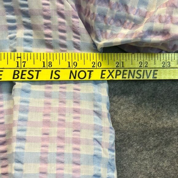 NWT LOFT Large Petite Blouse Puff Sleeve Gingham Pastel Blue Pink LP Tie Spring - Picture 10 of 16